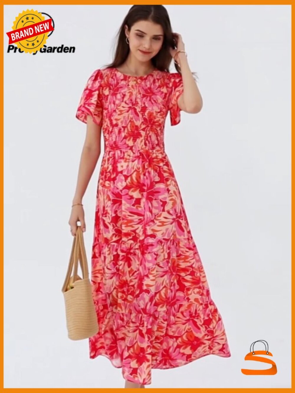 Flutter Short Sleeve Smocked Tiered Maxi Dress Boho Floral Casual Summer - Picture 7 of 7